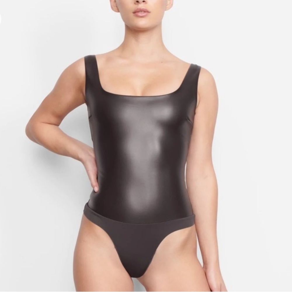 SKIMS Faux Leather Bodysuit Dark Brown Square Neck Sculpting Minimalist size L